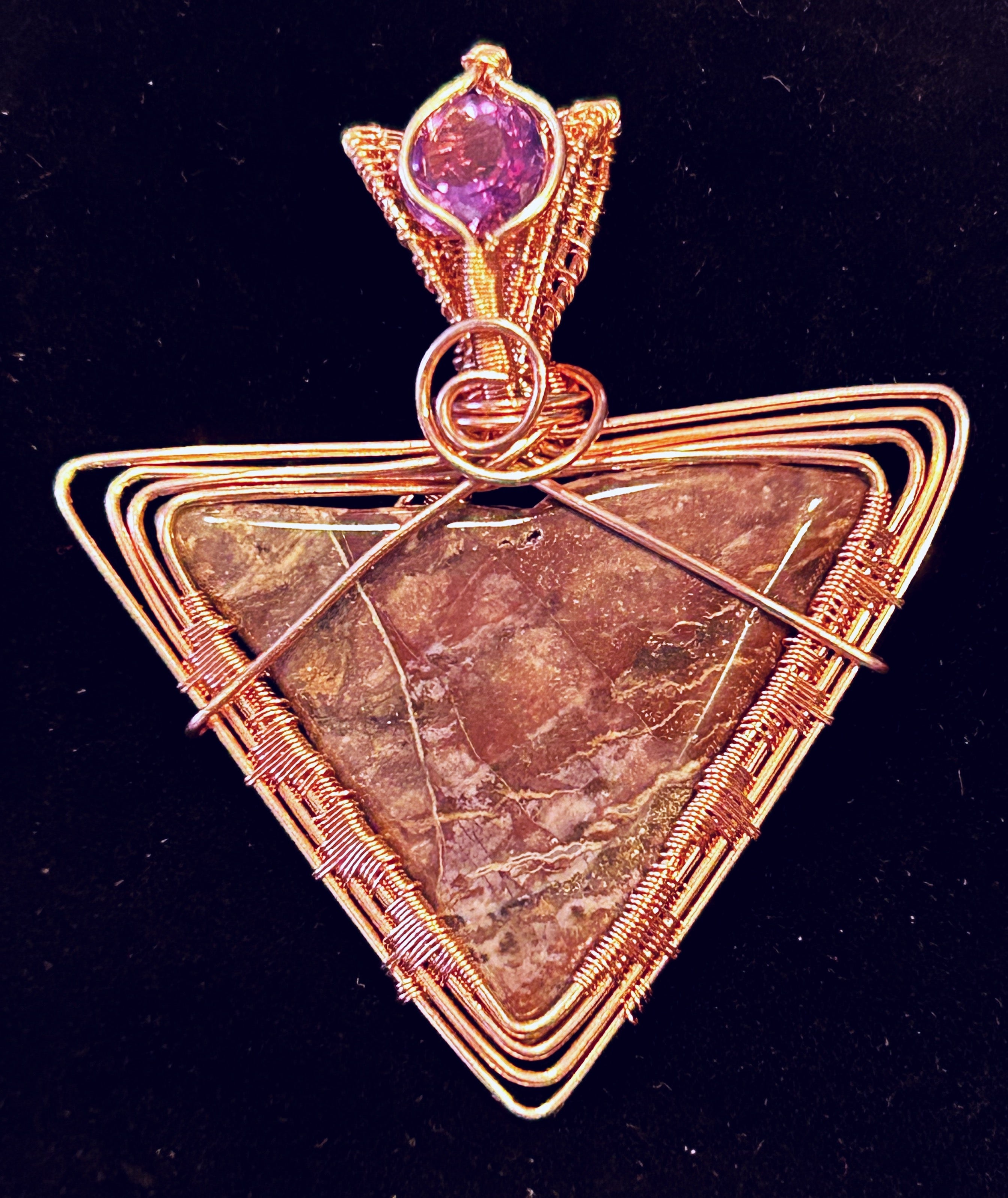 Copper wire wrapped purple lace agate triangular pendant with genuine amethyst accent approximately 2.5 inches