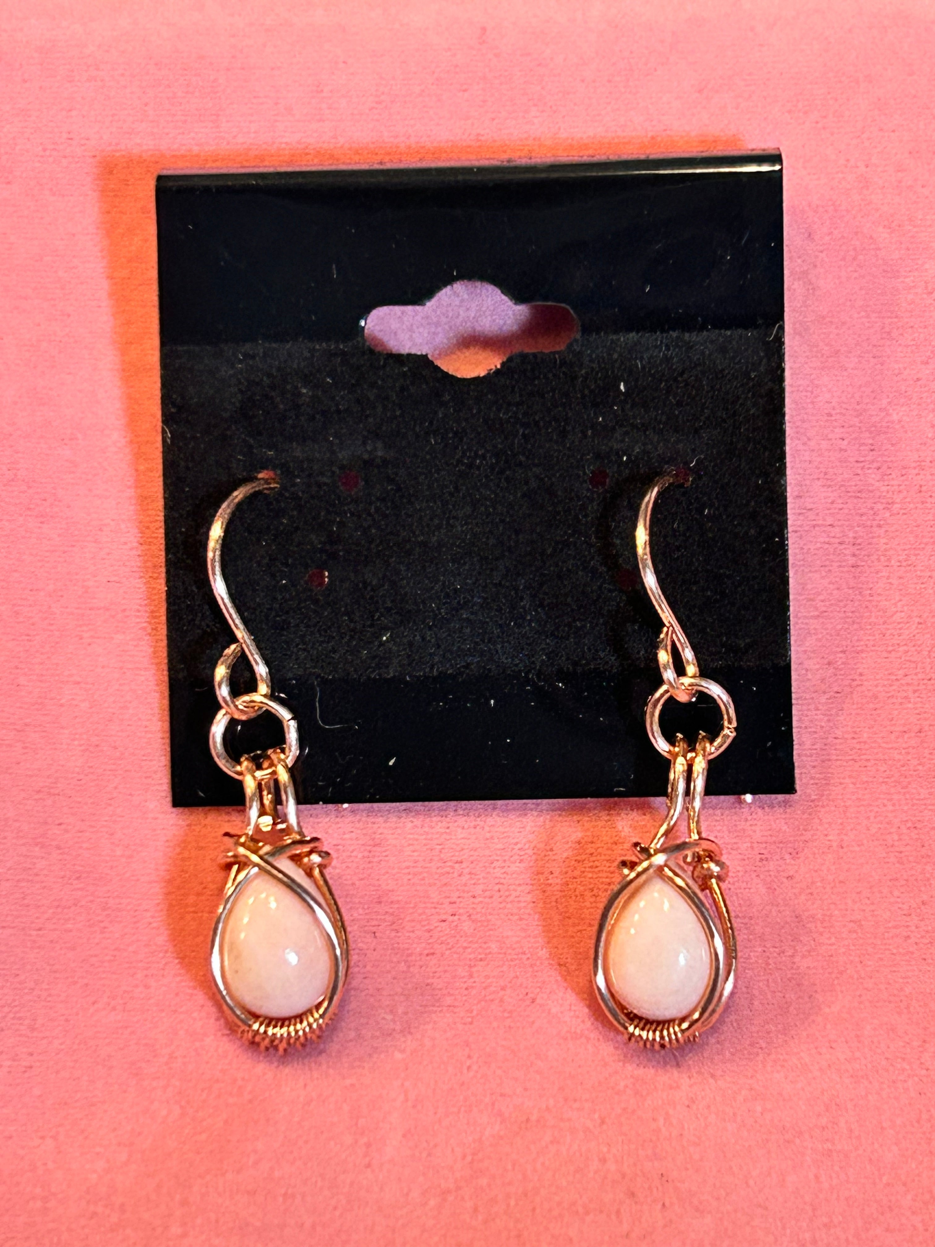 Copper wire wrapped pink opal teardrop earrings approximately 1.5 inches long