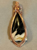 Copper wire wrapped Petrified Palm Root teardrop pendant with black and cream banding on tan background