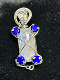 Silver Wire Wrapped Rainbow Moonstone Pendant with Lapis Lazuli Accents