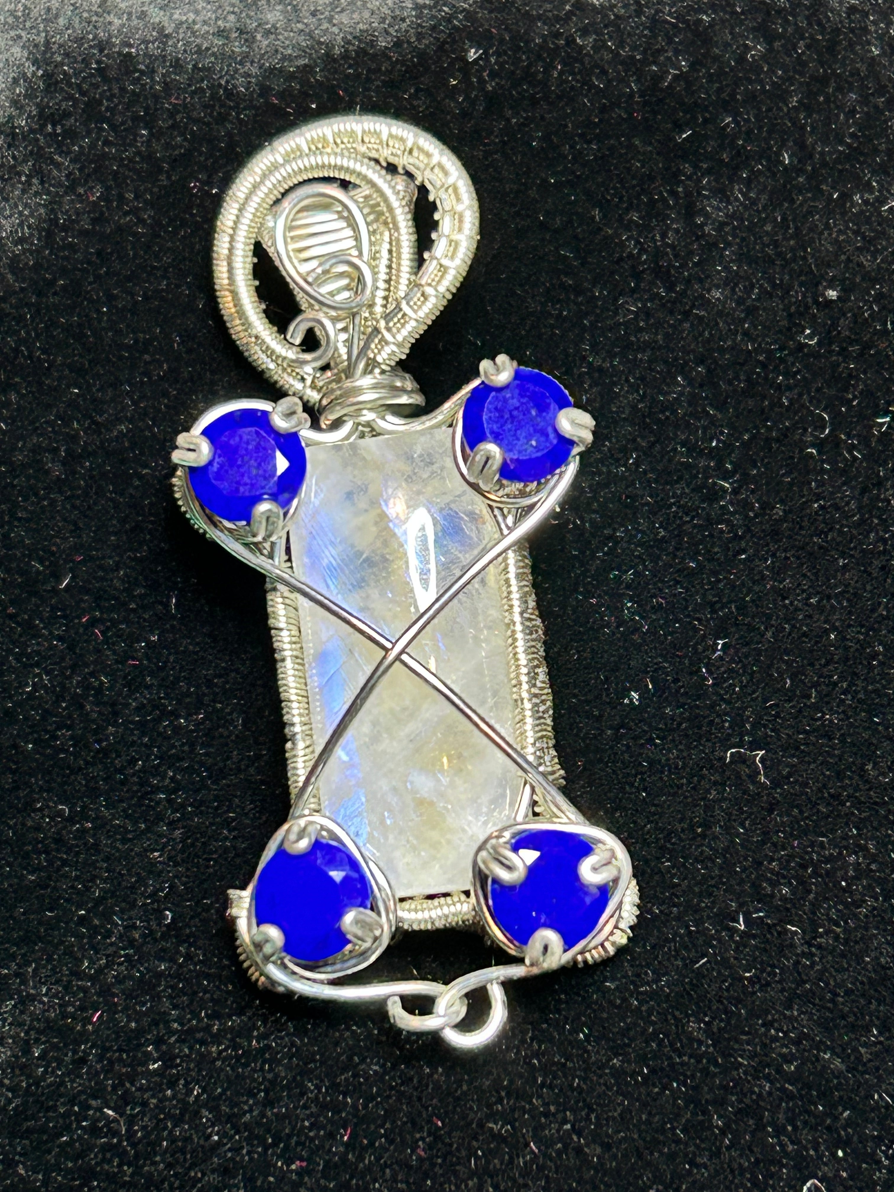 Silver Wire Wrapped Rainbow Moonstone Pendant with Lapis Lazuli Accents