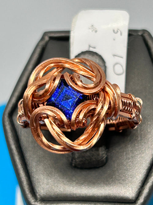 Copper wire wrapped ring with blue lab-created sapphire square stone, size 10