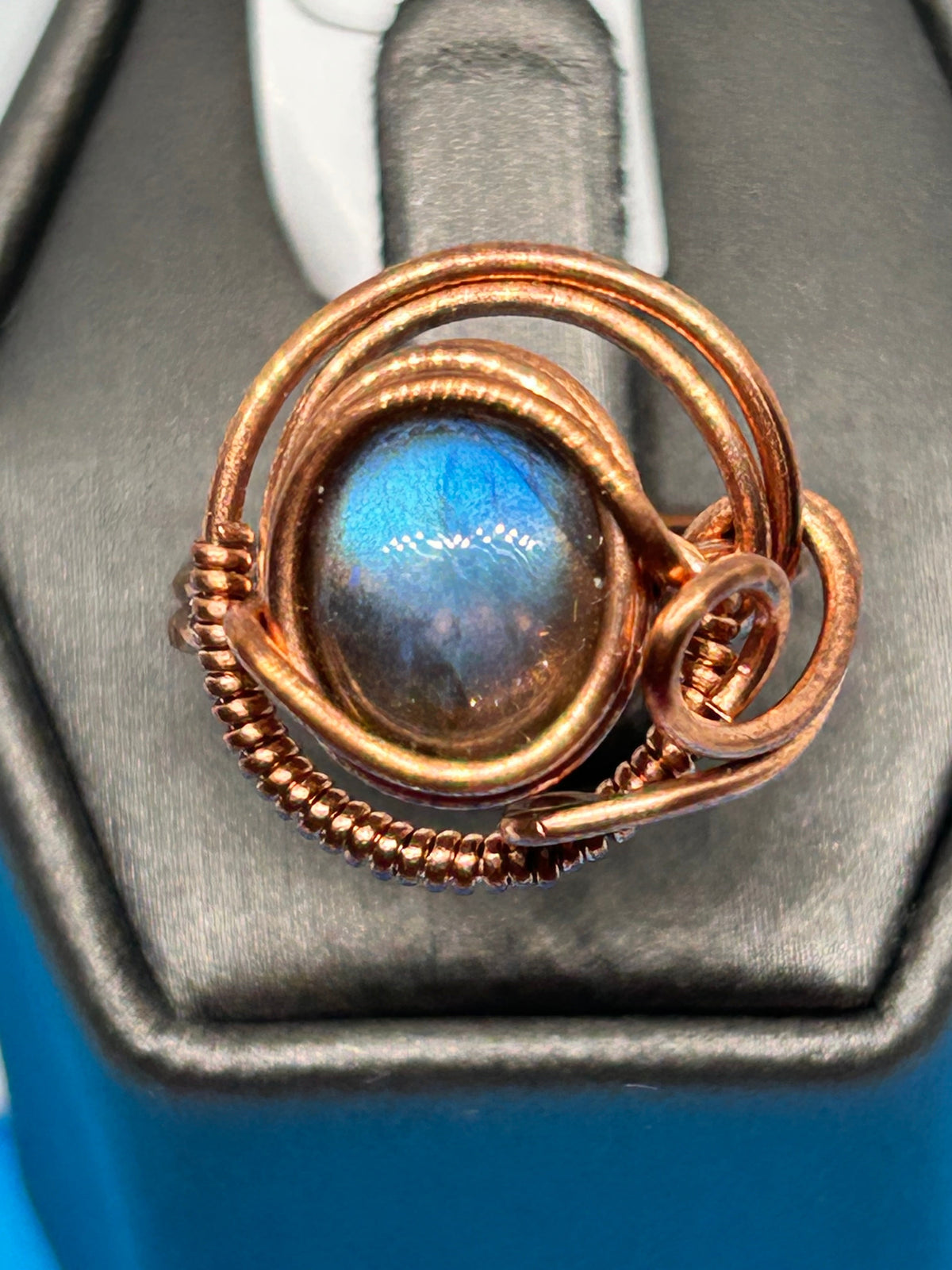 Copper wire wrapped labradorite ring size 6.5 with blue flash