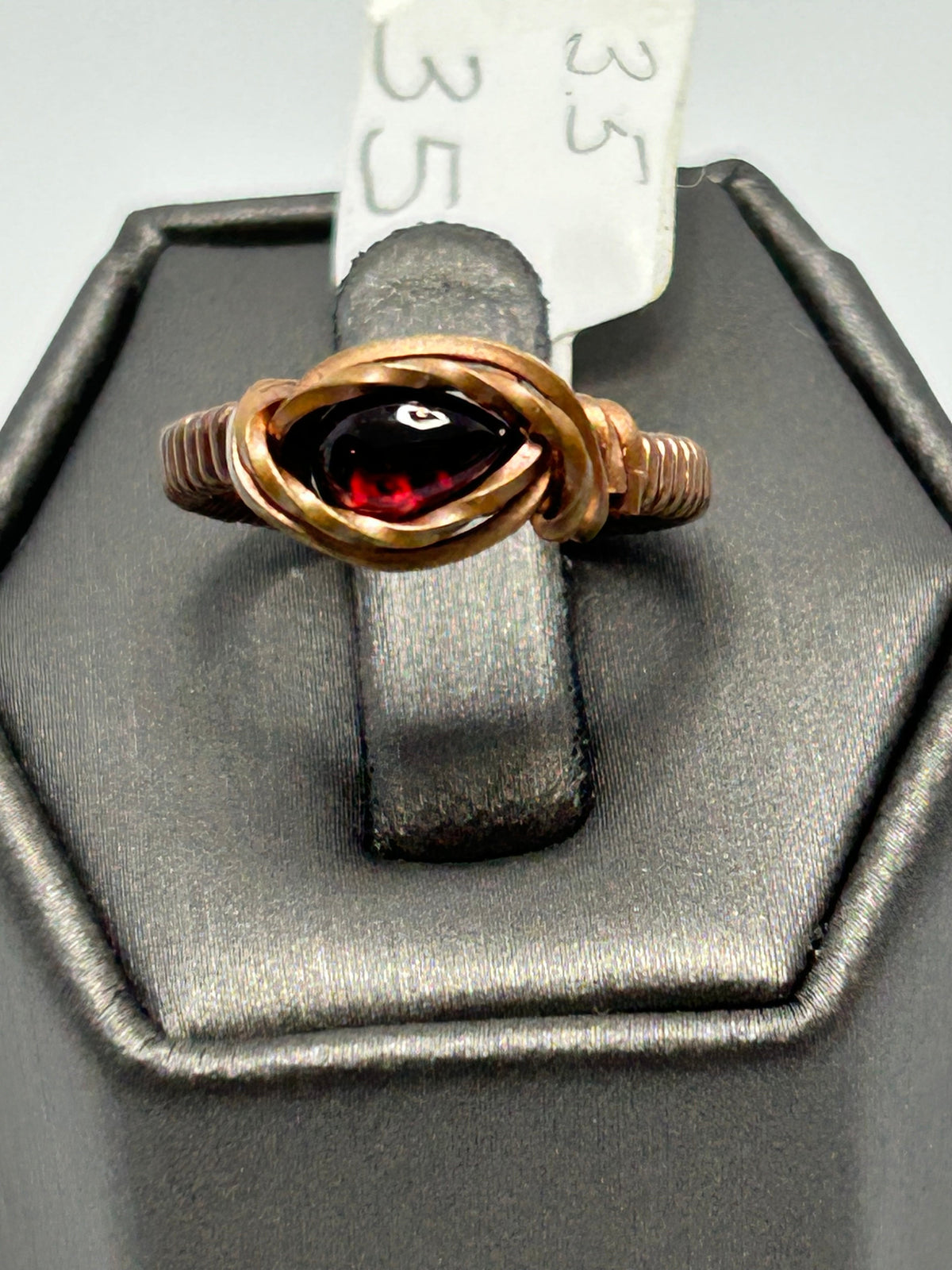 Copper wire wrapped garnet teardrop cabochon ring size 3.5 with simple oval frame setting