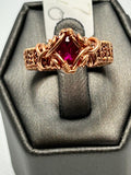 Copper wire wrapped lab created ruby ring size 7 with crown prong setting and wide woven lattice band