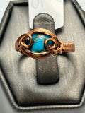Copper wire wrapped natural turquoise ring size 7 with copper matrix and double scroll accents