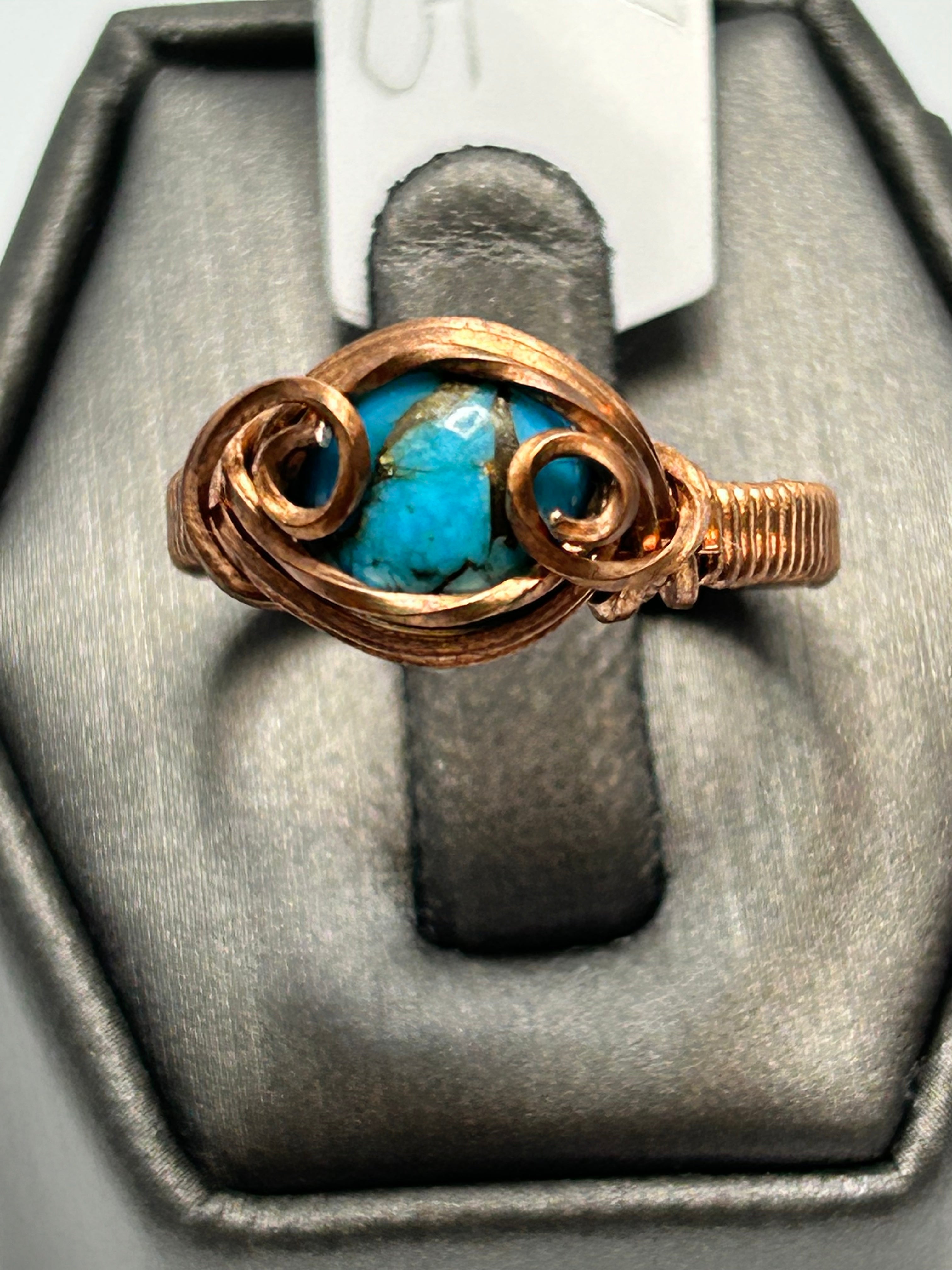 Copper wire wrapped natural turquoise ring size 7 with copper matrix and double scroll accents