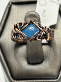Oxidized copper wire wrapped blue jade diamond cabochon ring size 7 with woven lattice band