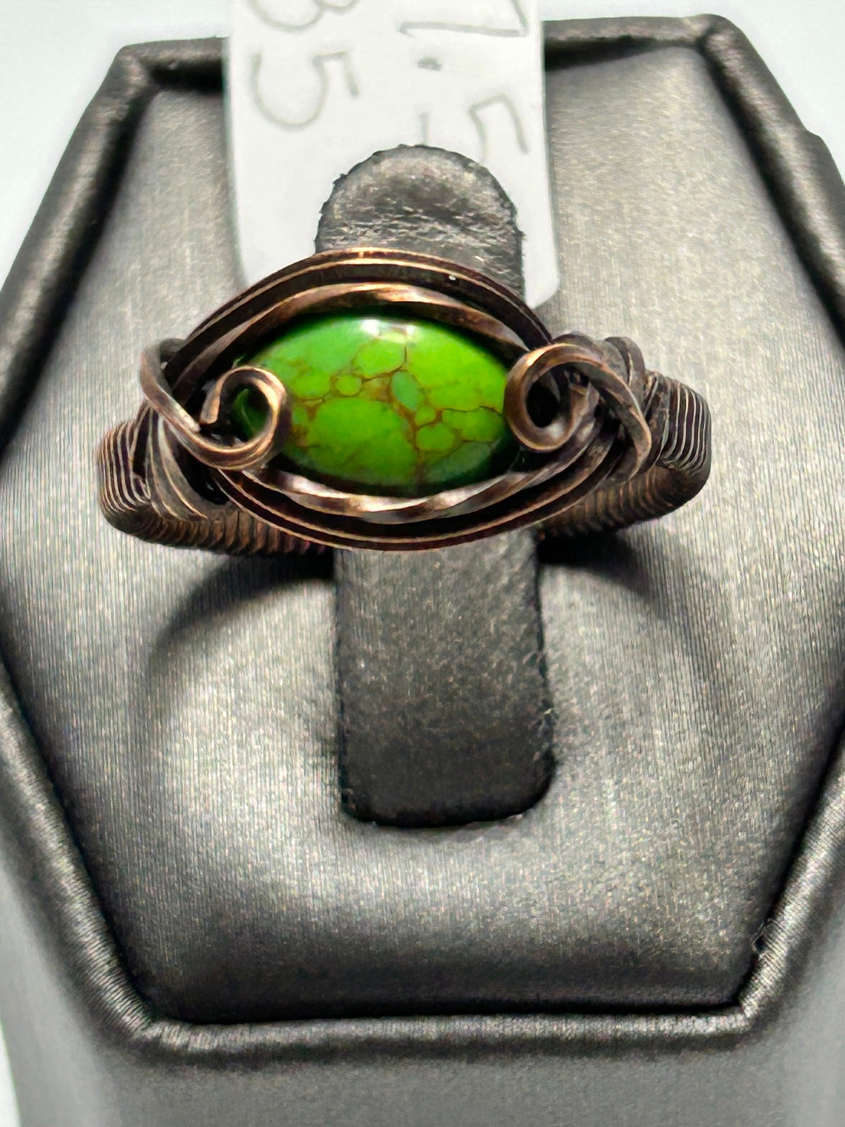 Oxidized copper wire wrapped composite green turquoise marquise ring size 7.5