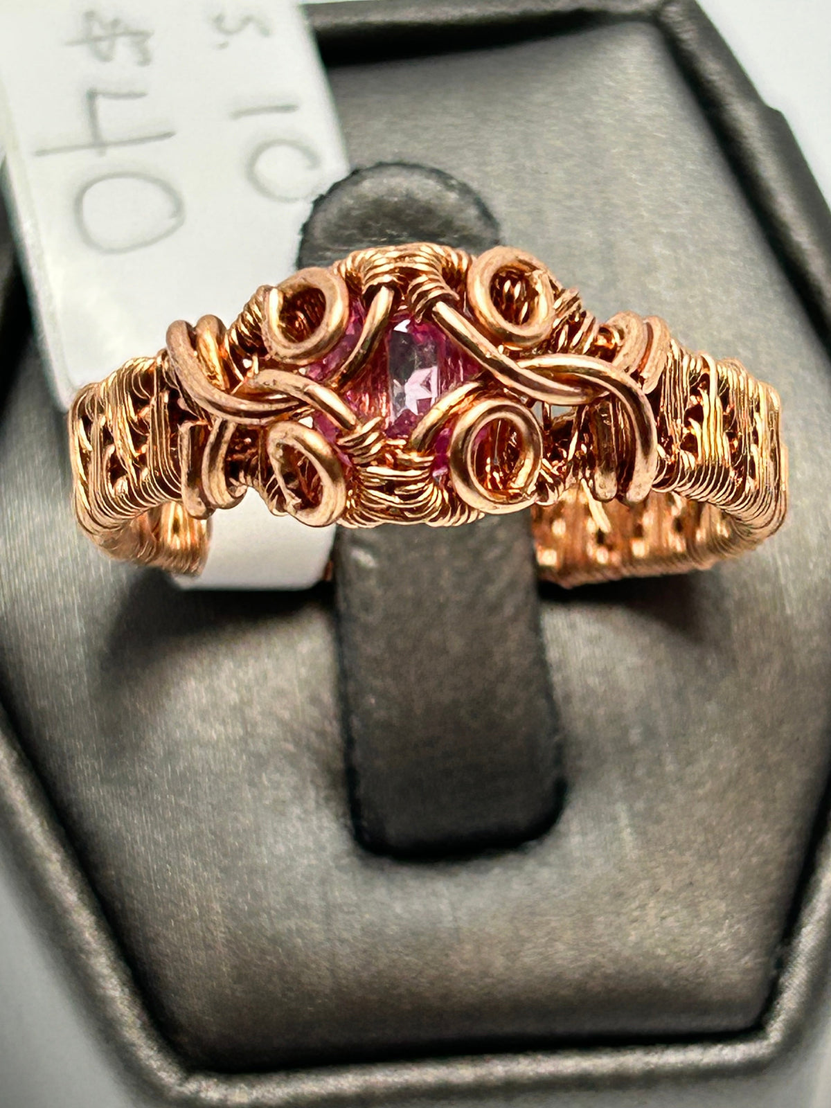 Copper wire wrapped pink topaz faceted ring size 10 with woven scroll vine setting