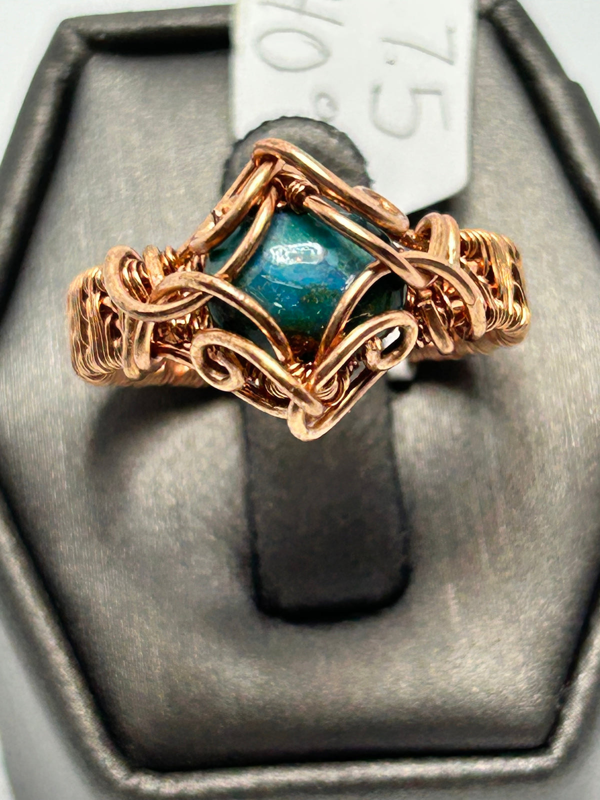 Copper wire wrapped Peruvian opalina teal diamond cabochon ring size 7.5 with scroll vine setting
