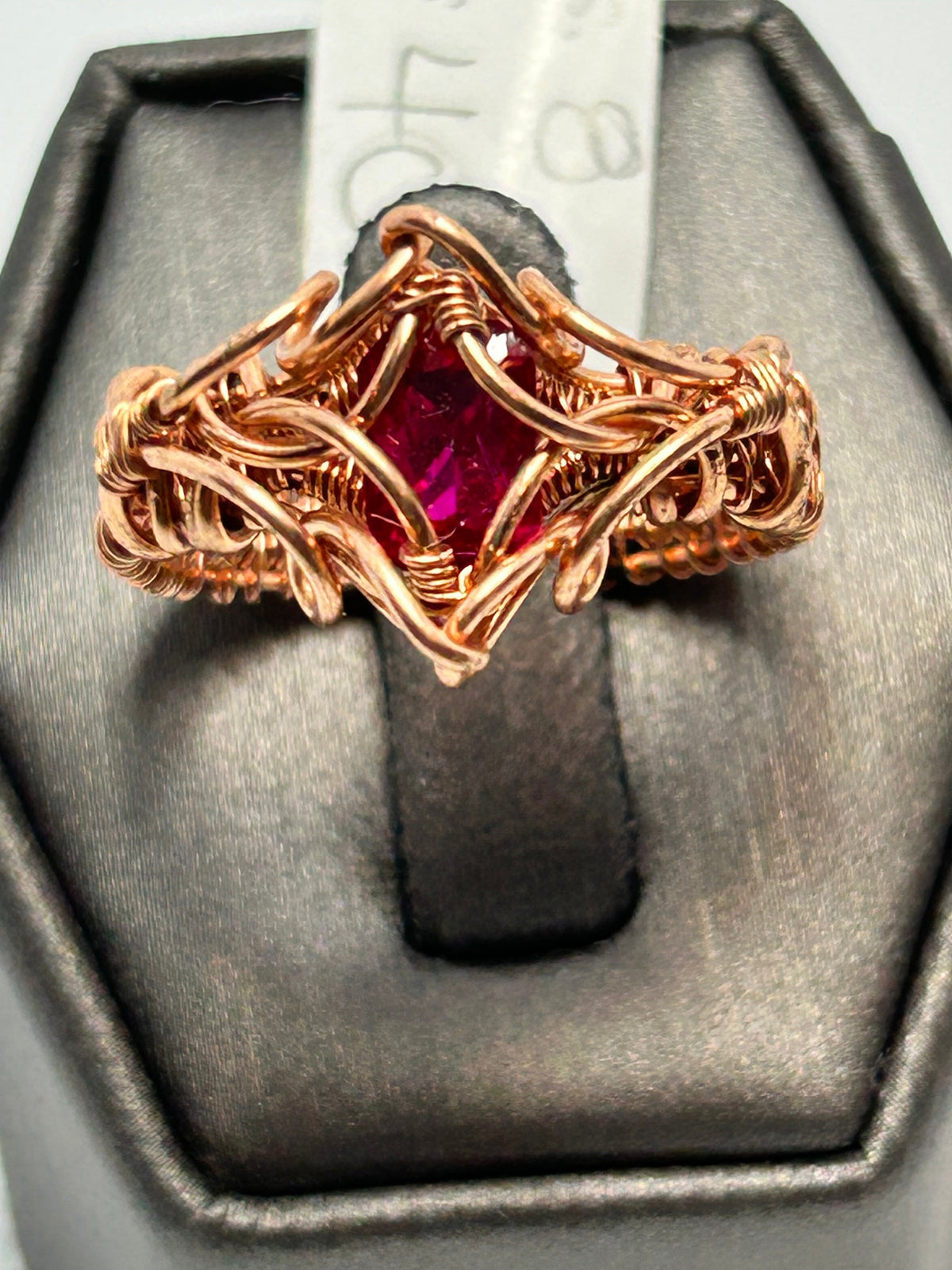 Copper wire wrapped lab created ruby ring size 8 with wide woven vine lattice setting