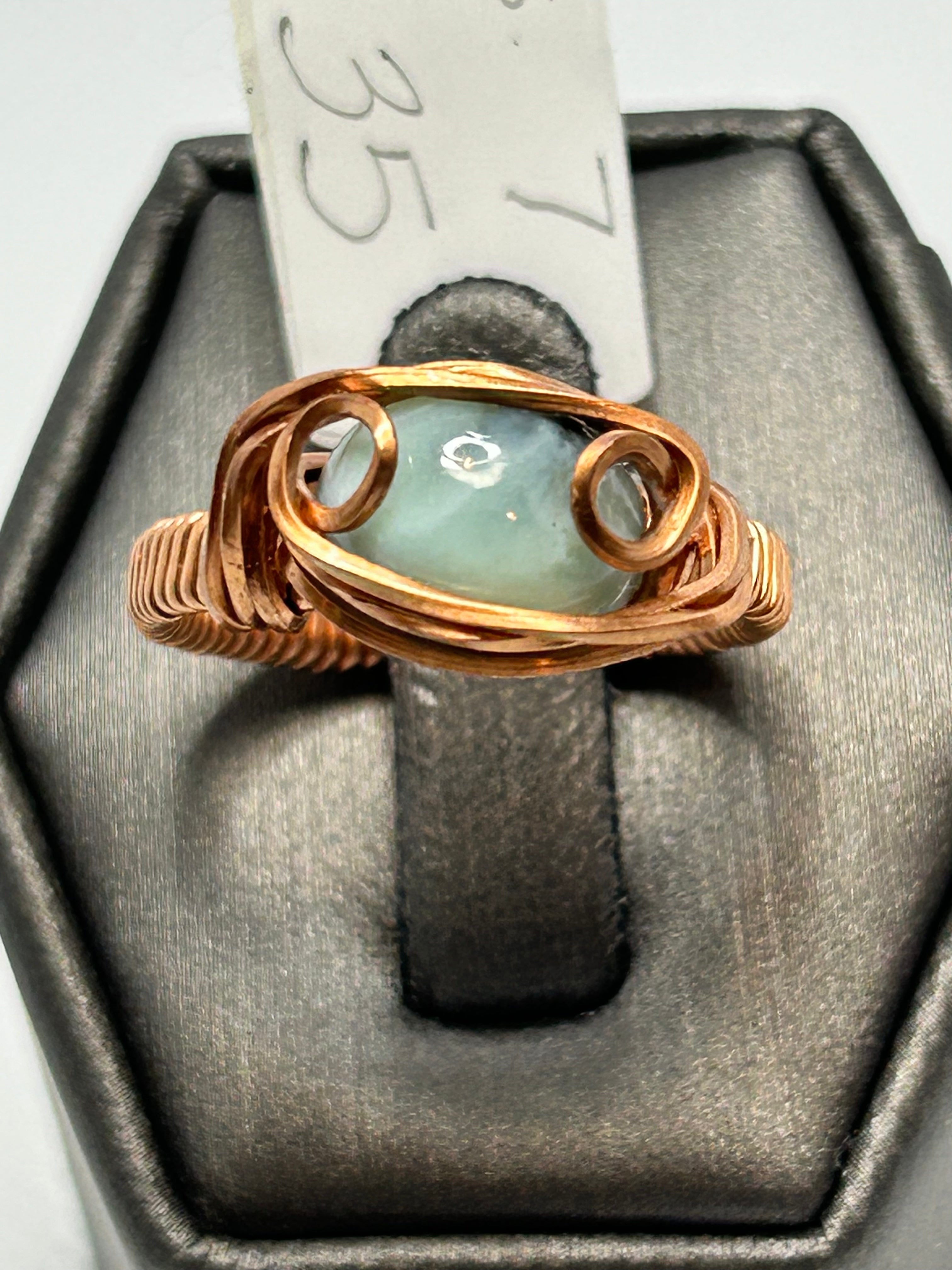 Copper wire wrapped larimar oval cabochon ring size 7 with open scroll setting