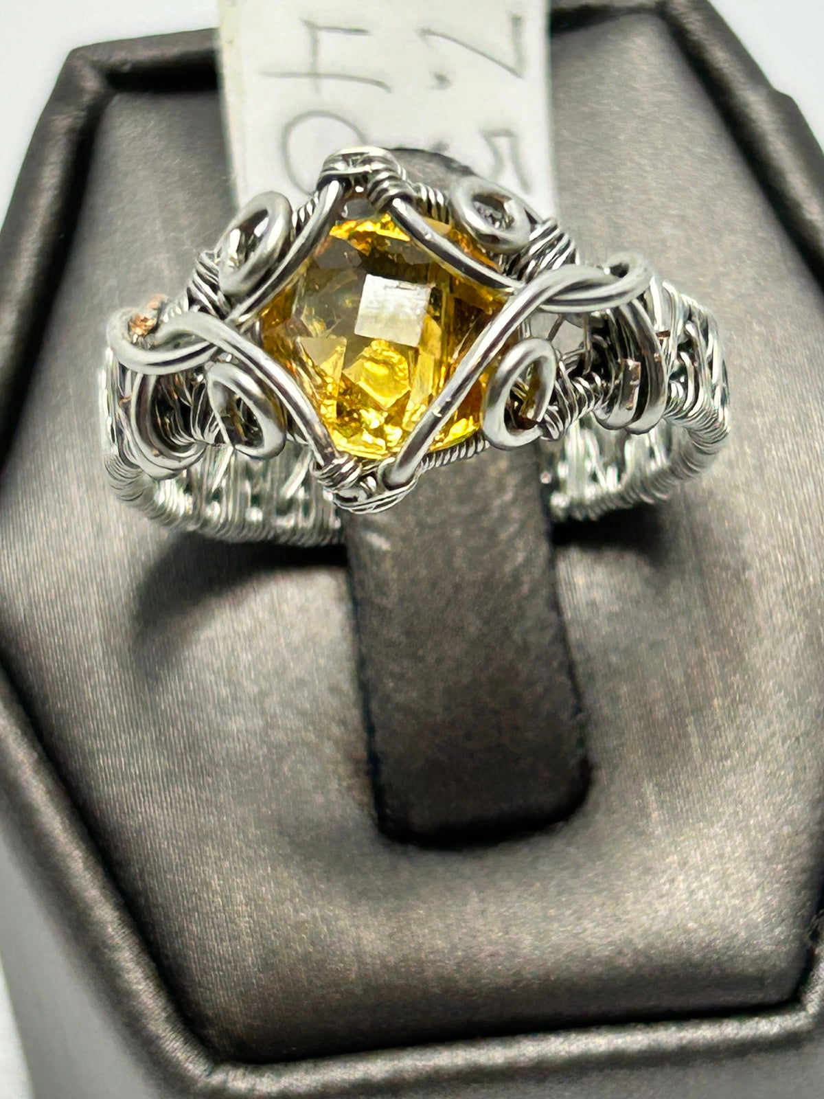 Silver tone wire wrapped citrine square ring size 7.5 with scroll vine setting