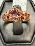 Copper wire wrapped Moroccan amethyst marquise ring size 8 with scroll vine setting