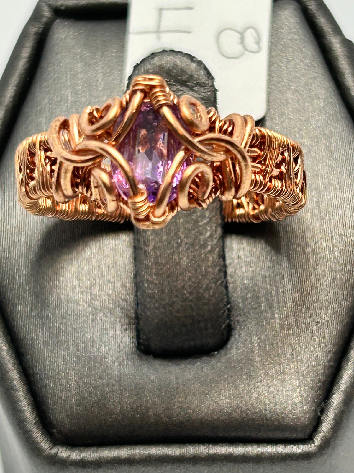 Copper wire wrapped Moroccan amethyst marquise ring size 8 with scroll vine setting
