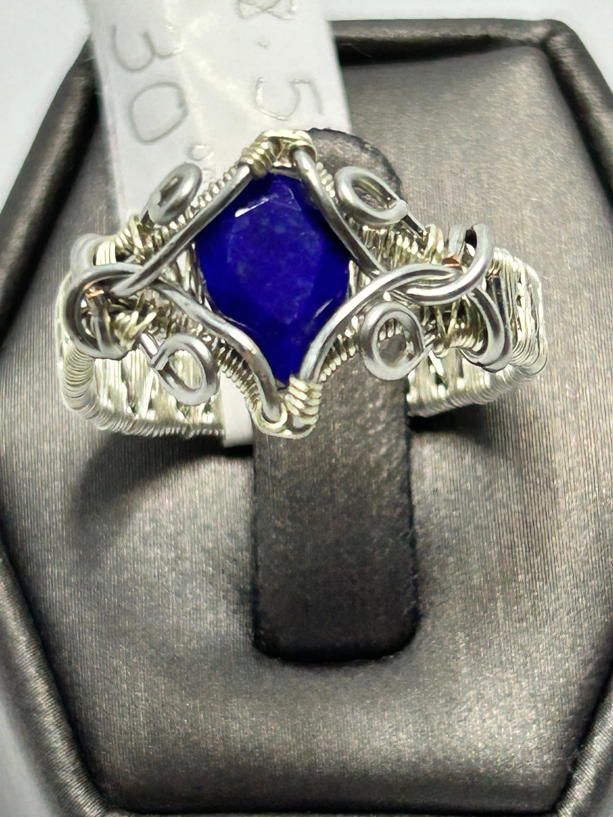 Silver tone wire wrapped lapis lazuli diamond cabochon ring size 8.5 with scroll details