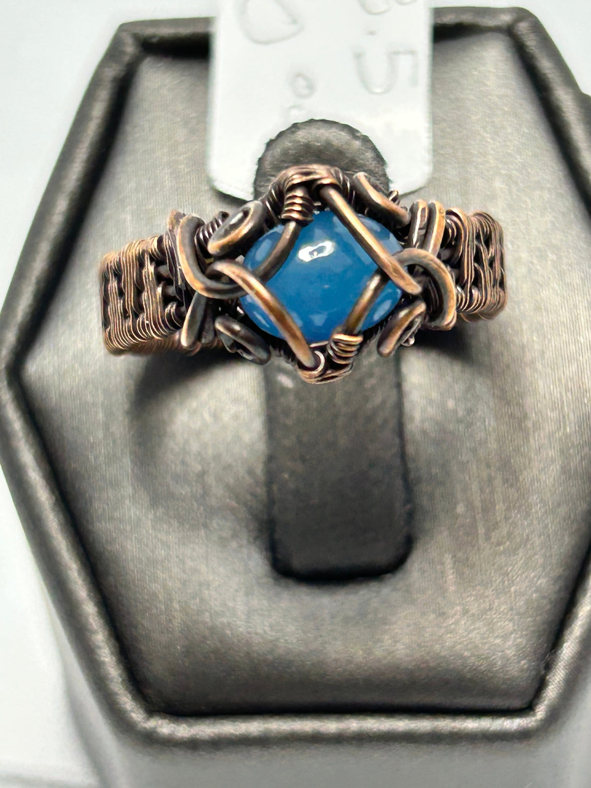 Oxidized copper wire wrapped blue jade square cabochon ring size 8.5 with claw chain-link frame setting