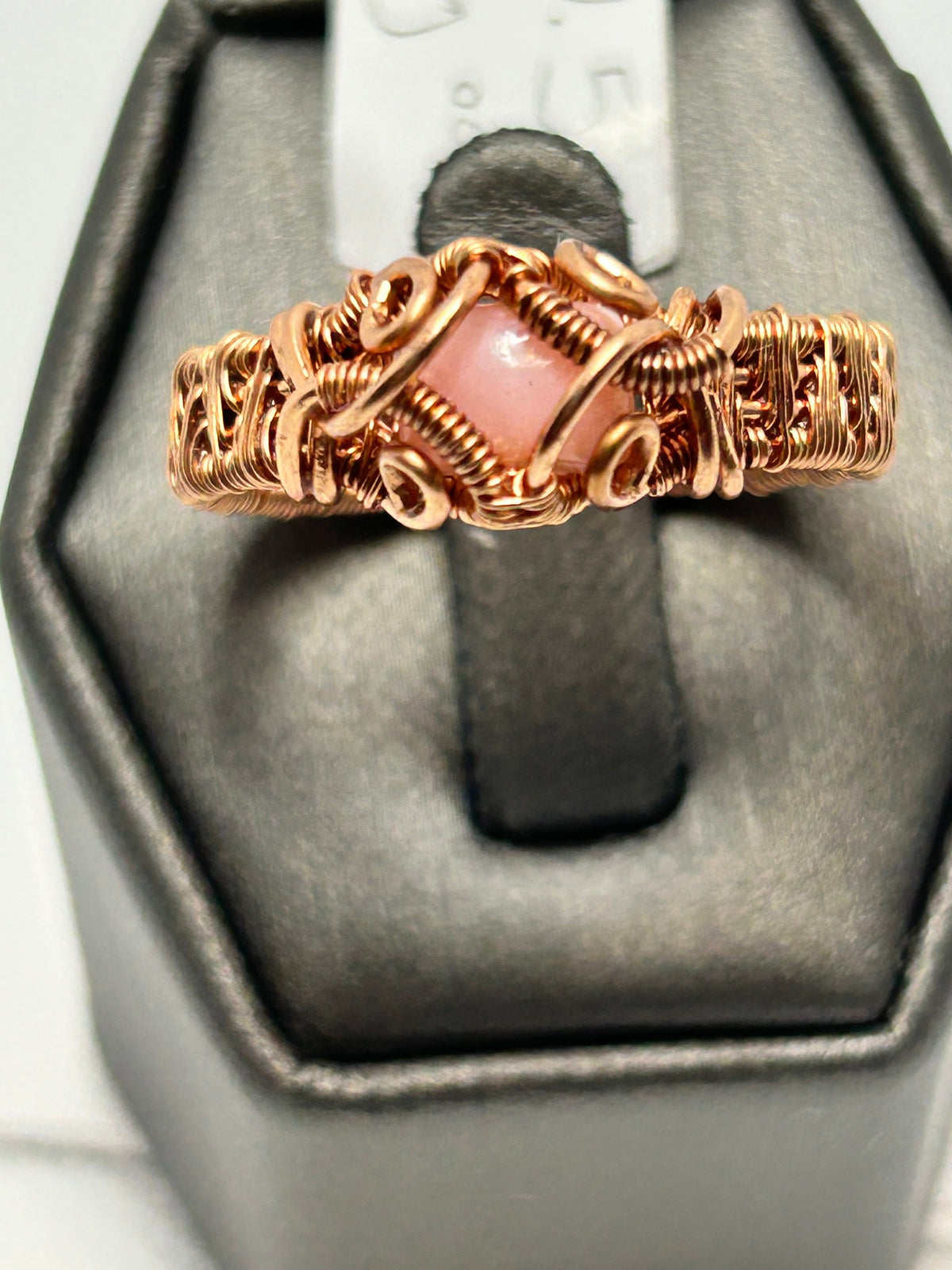 Copper wire wrapped pink opal square cabochon ring size 10.5 with ornate scroll filigree setting