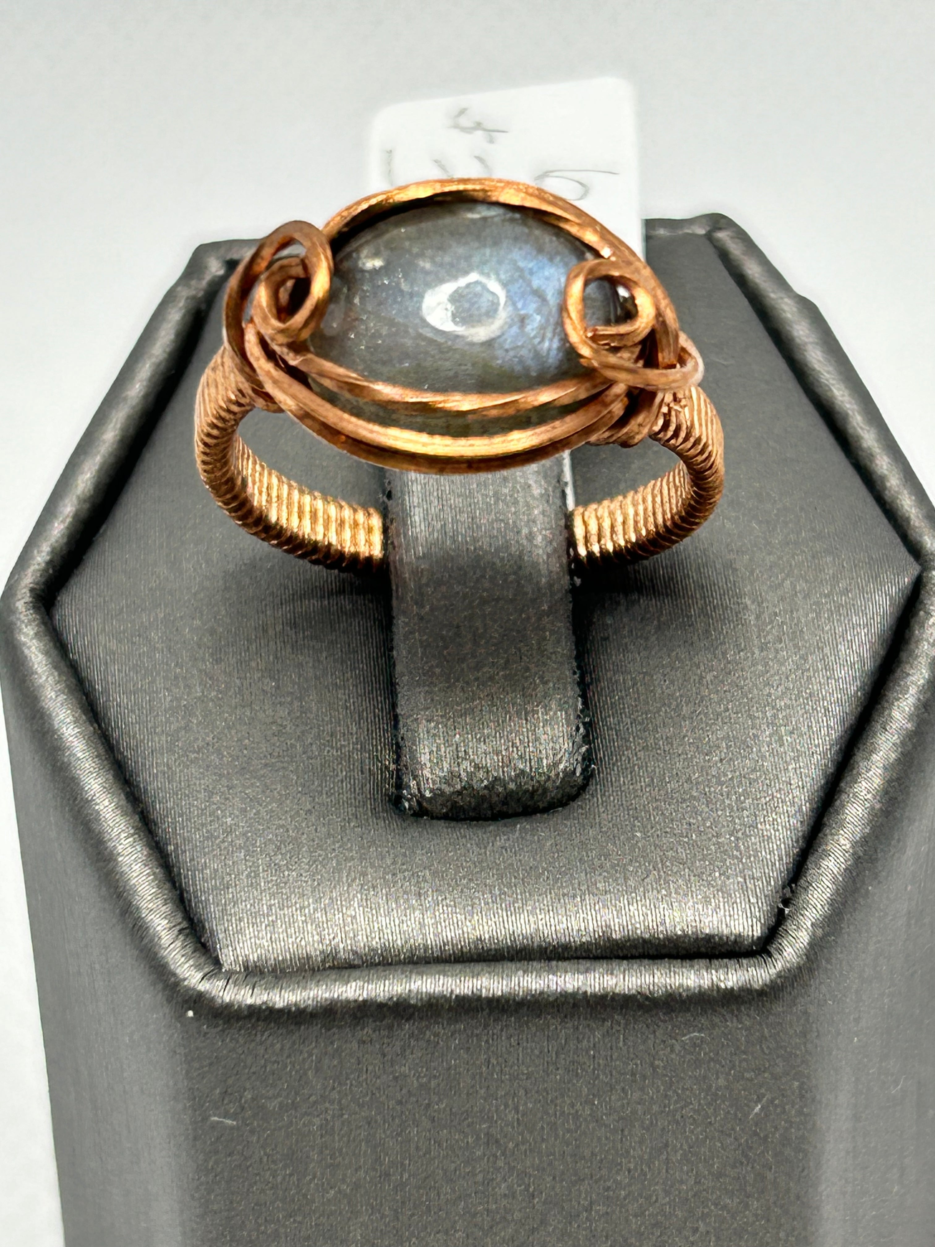 Copper wire wrapped labradorite oval cabochon ring size 6.5 with clean oval frame and double scroll accents