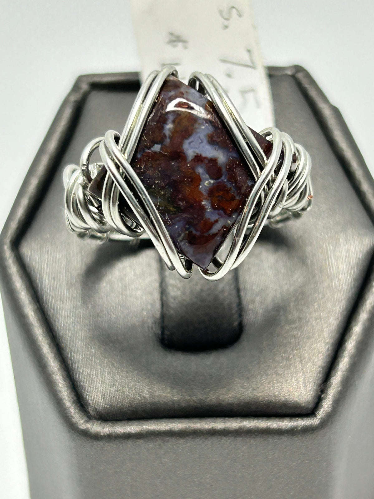Silver tone wire wrapped red lightning jasper diamond cabochon ring size 7.5 with parallel wire cage setting