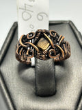 Oxidized copper wire wrapped rough chocolate sapphire ring size 6 with wild scroll tendril setting