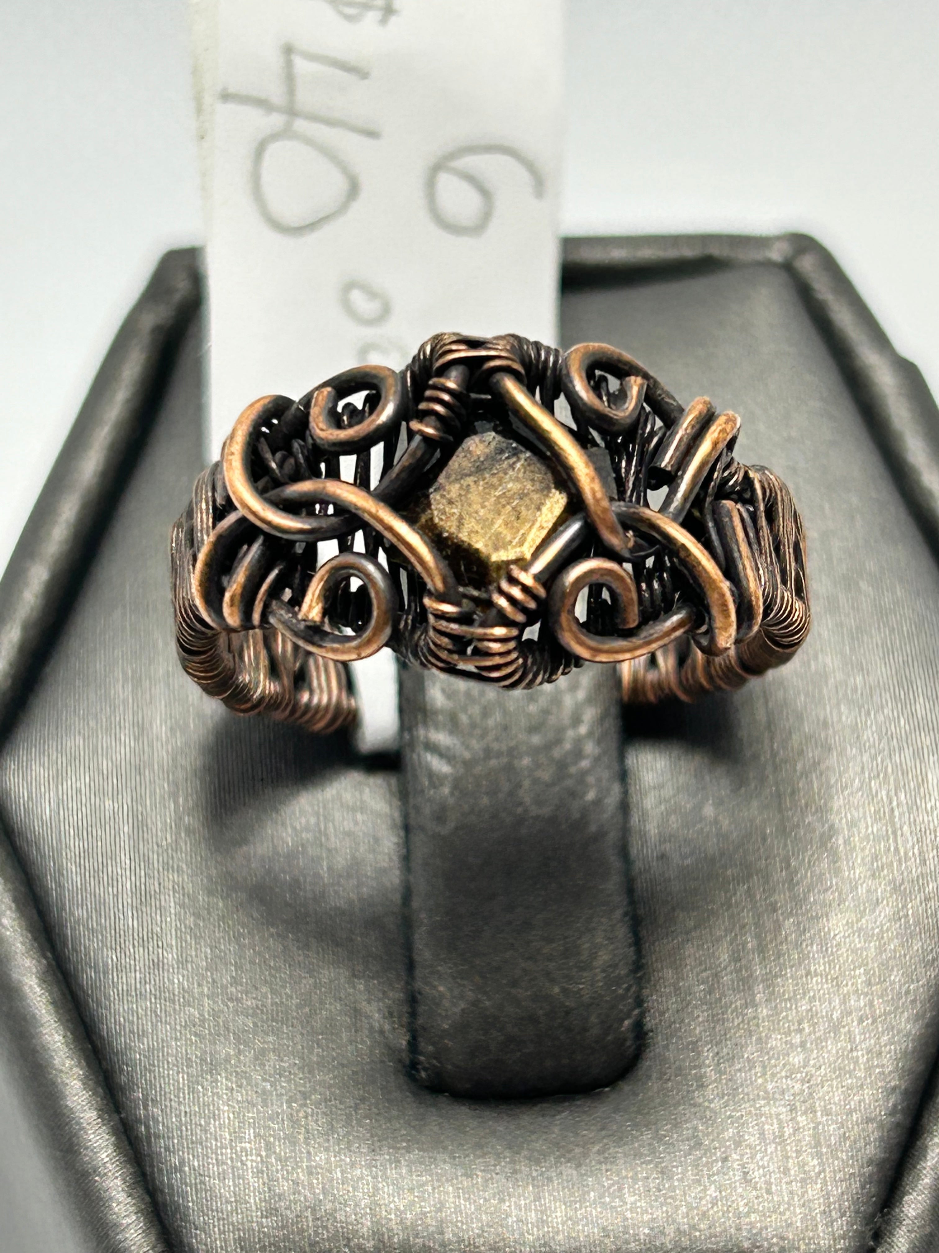 Oxidized copper wire wrapped rough chocolate sapphire ring size 6 with wild scroll tendril setting