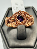 Copper wire wrapped amethyst oval cabochon ring size 9.5 with basket-weave dome setting and gold bead accents