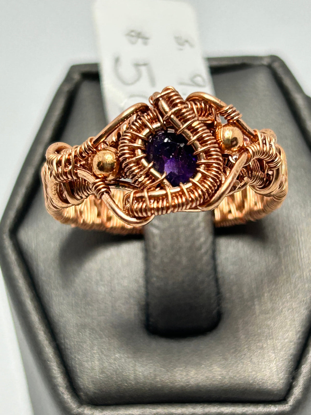 Copper wire wrapped amethyst oval cabochon ring size 9.5 with basket-weave dome setting and gold bead accents