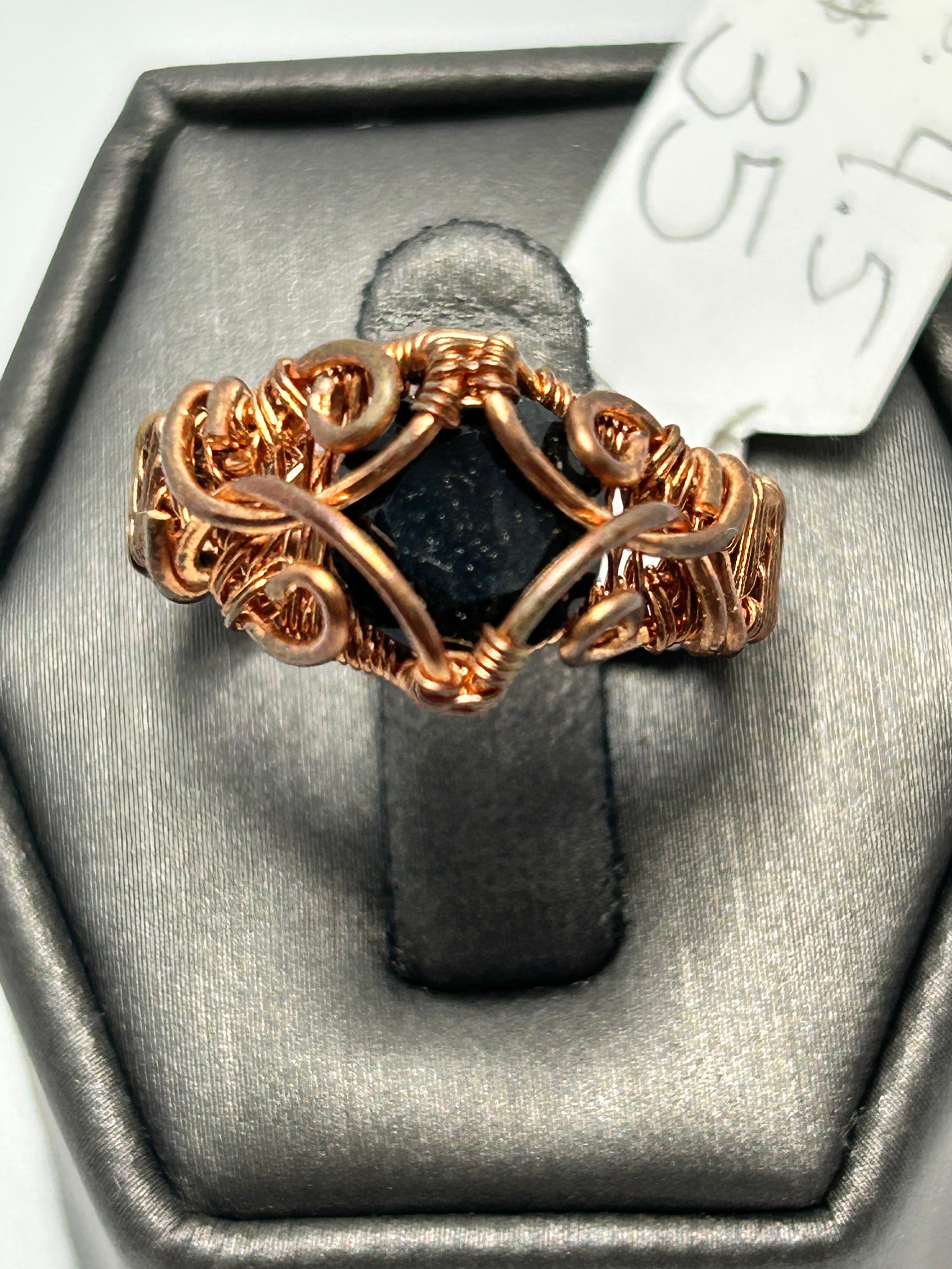 Copper wire wrapped raw black tourmaline ring size 4.5 with ornate crown setting and wide woven band