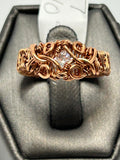 Copper wire wrapped moissanite brilliant cut ring size 7 with lush vine and curl wide band setting
