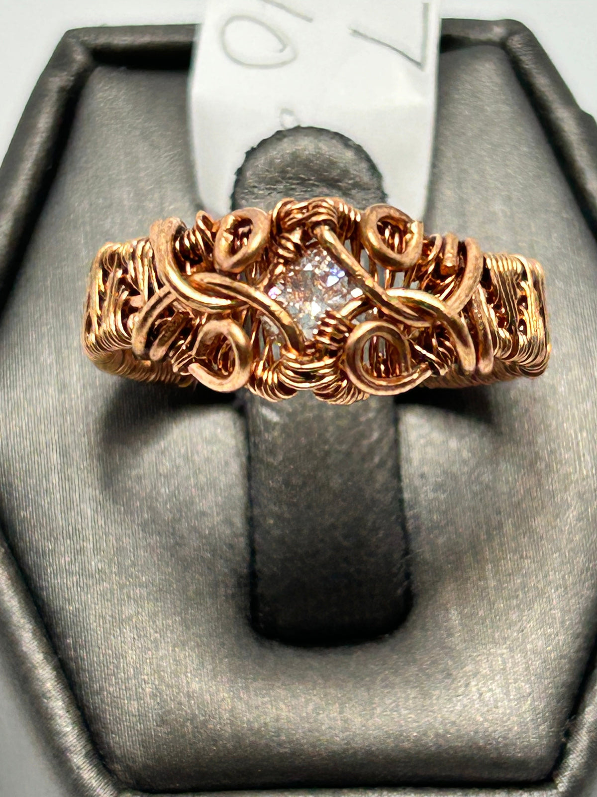 Copper wire wrapped moissanite brilliant cut ring size 7 with lush vine and curl wide band setting