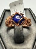Copper wire wrapped lapis lazuli square cabochon ring size 7 with diamond-set frame and wide woven band