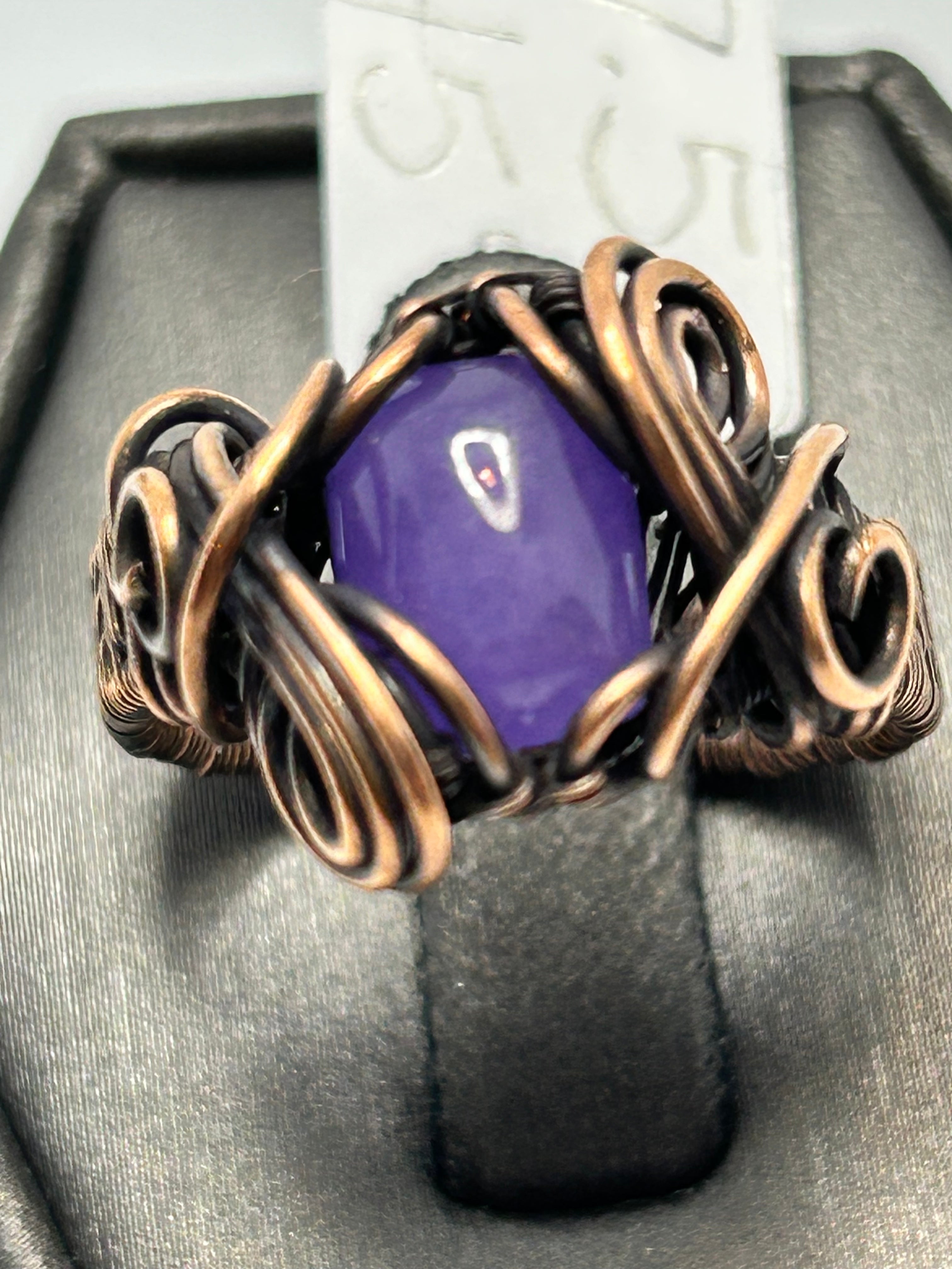 Oxidized copper wire wrapped purple jade oval cabochon ring size 7.5 with wild scroll setting