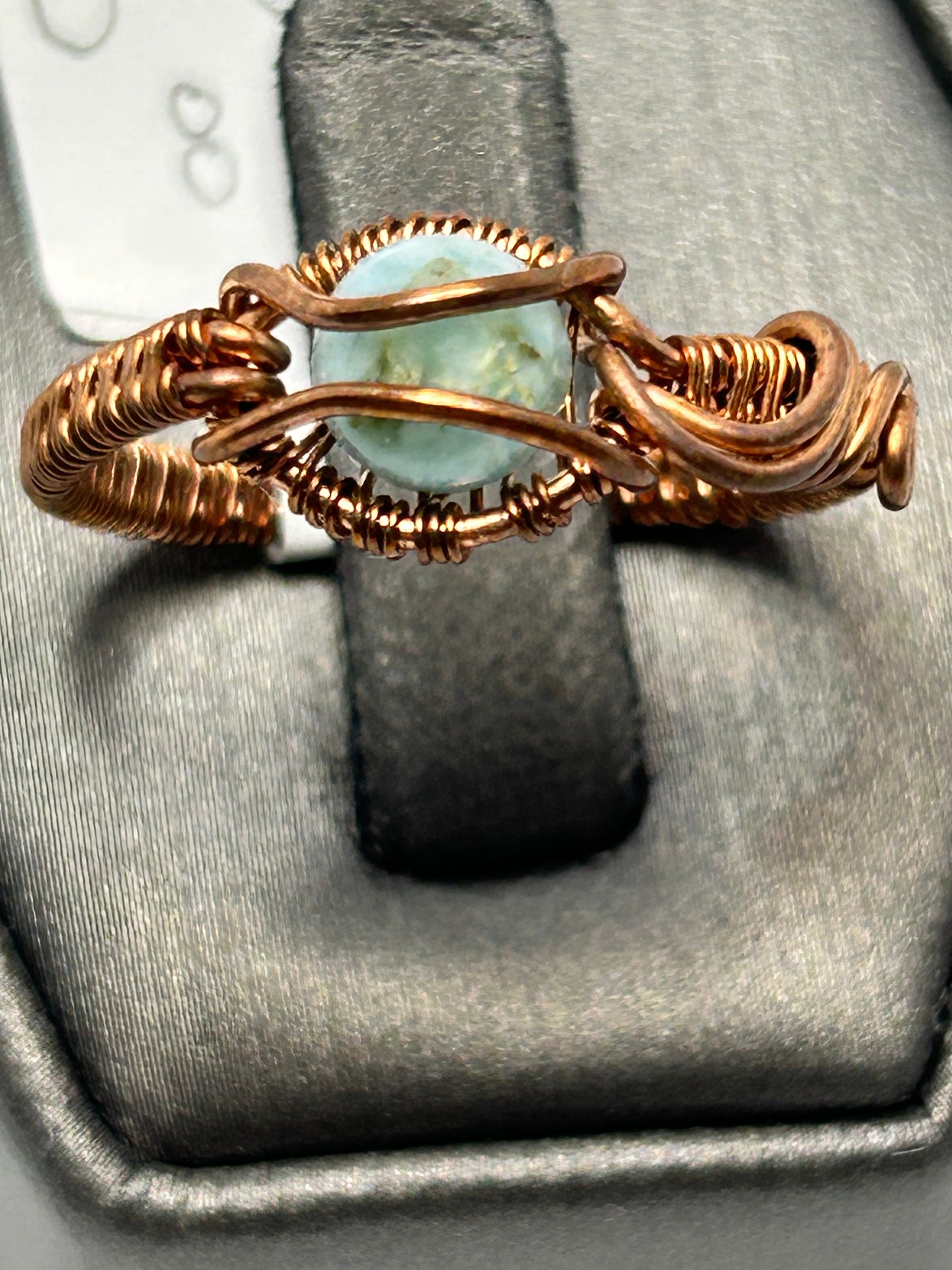 Copper wire wrapped larimar oval cabochon ring size 8 with wave-style curved wire frame