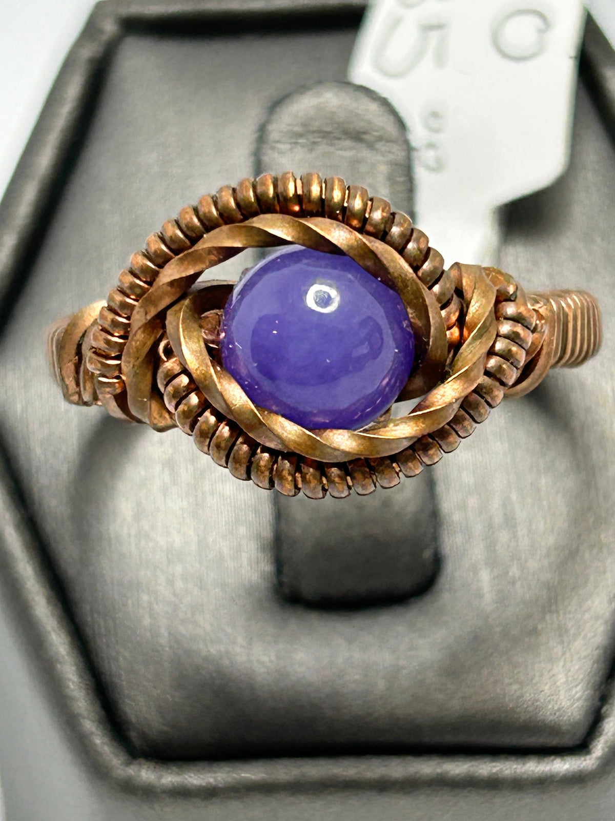 Copper wire wrapped purple jade oval cabochon ring size 10 with twisted eye-frame and coiled wire border
