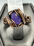 Oxidized copper wire wrapped purple jade rectangular cabochon ring size 9.5 with cage-style wrap and scroll accents