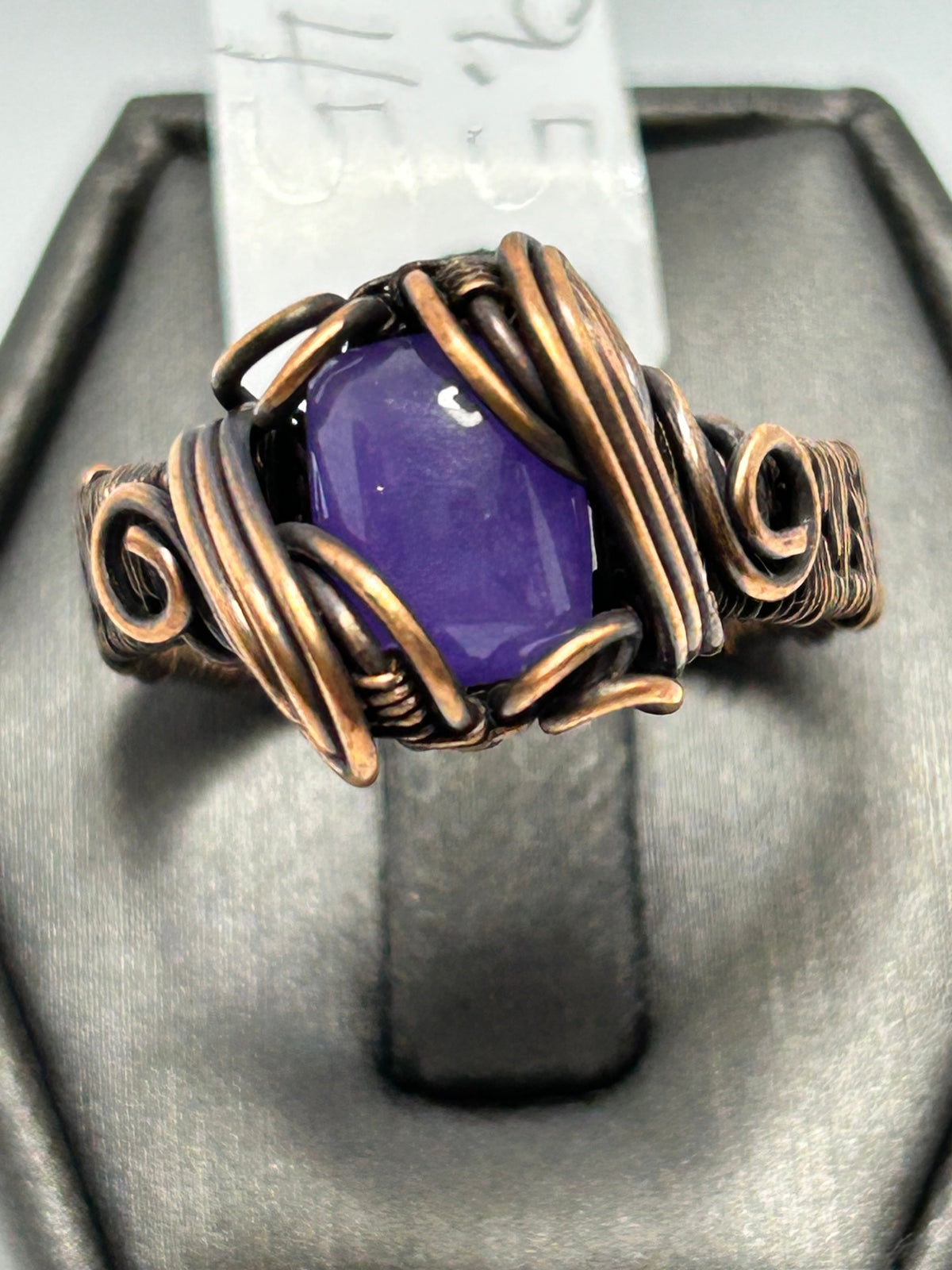 Oxidized copper wire wrapped purple jade rectangular cabochon ring size 9.5 with cage-style wrap and scroll accents