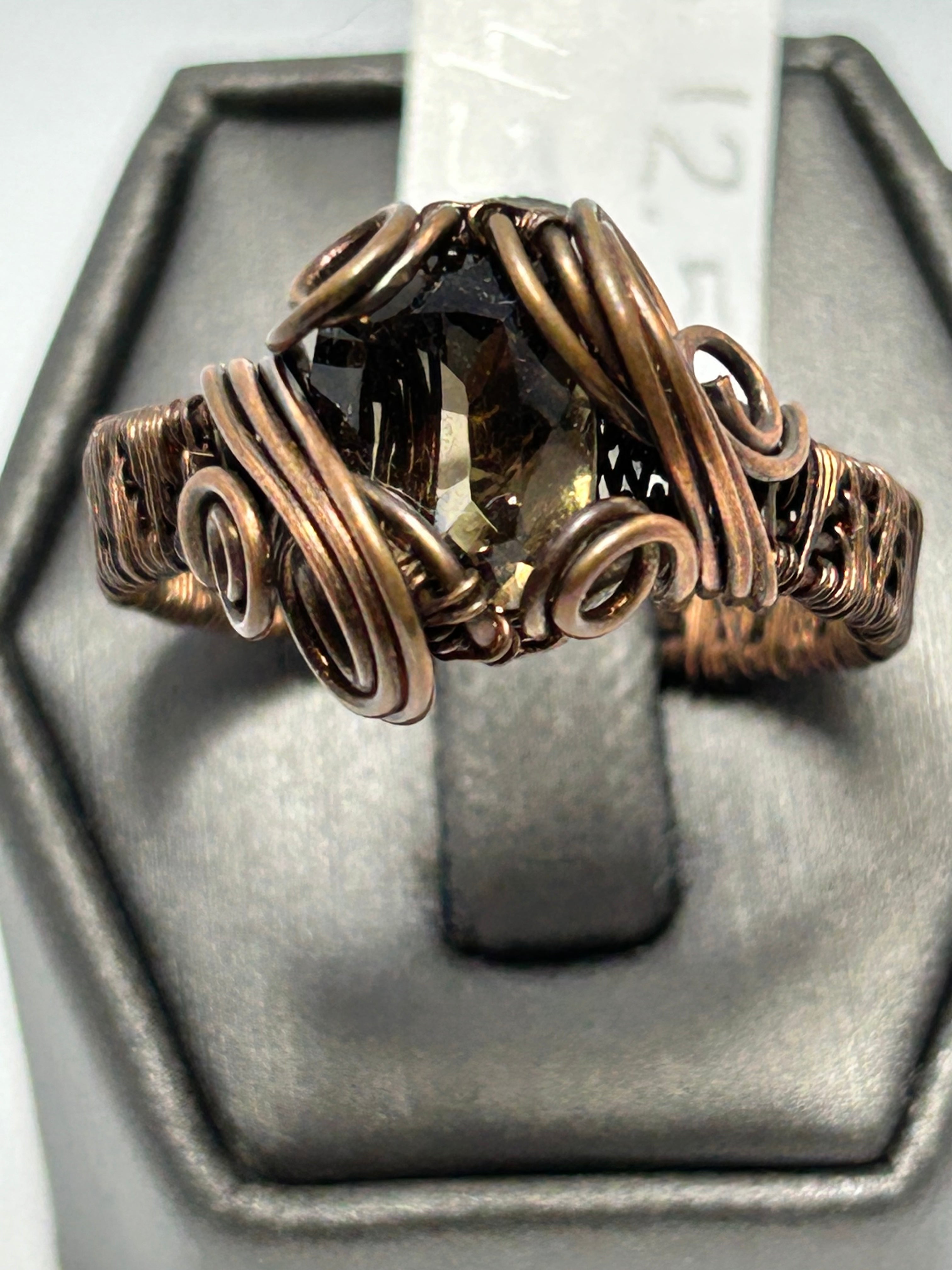 Copper wire wrapped smoky quartz faceted cushion cut ring size 12.5 with cage setting and scroll loop accents