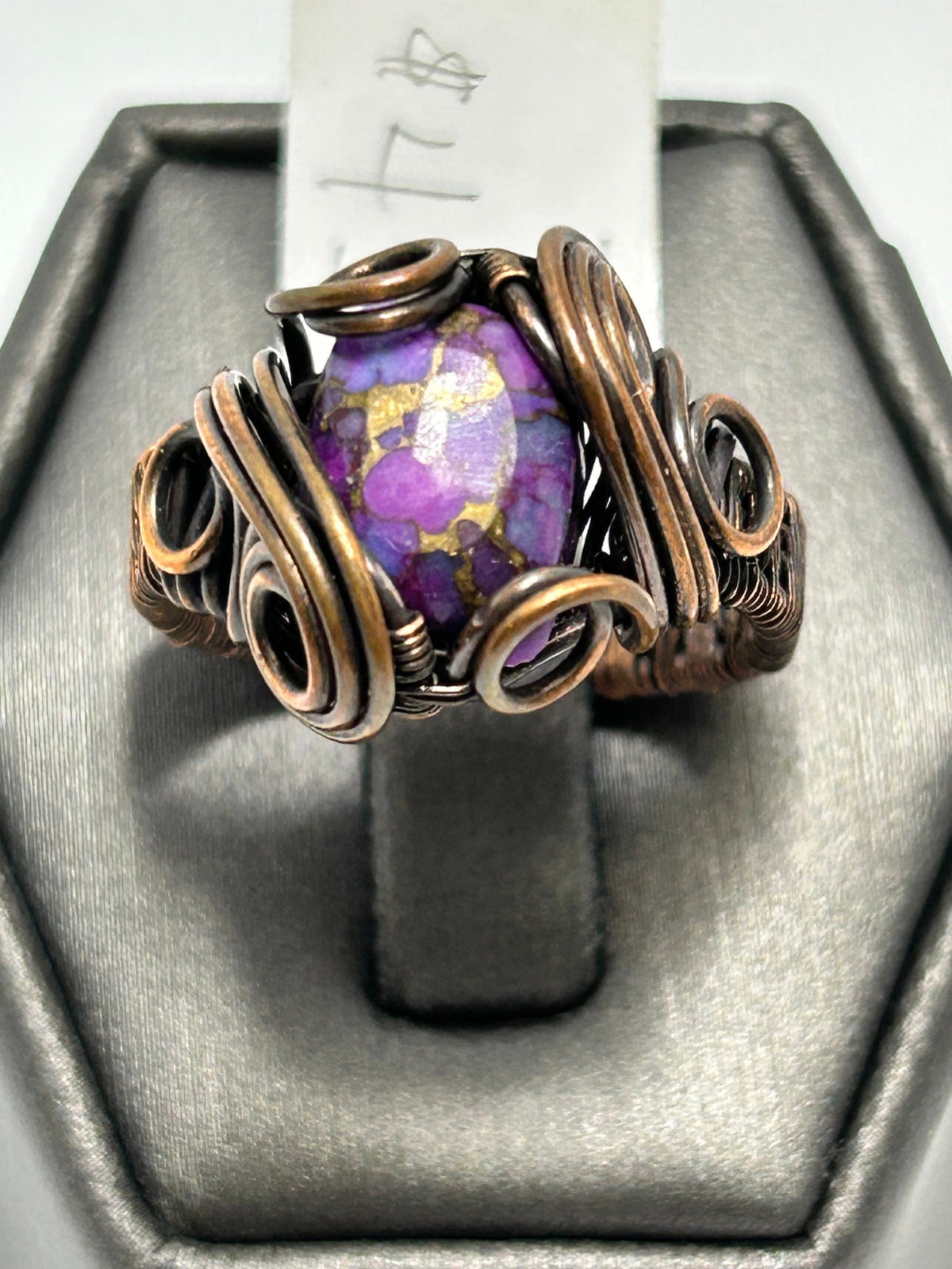 Oxidized copper wire wrapped composite purple turquoise oval cabochon ring size 7 with arch cross setting and spiral curl accents