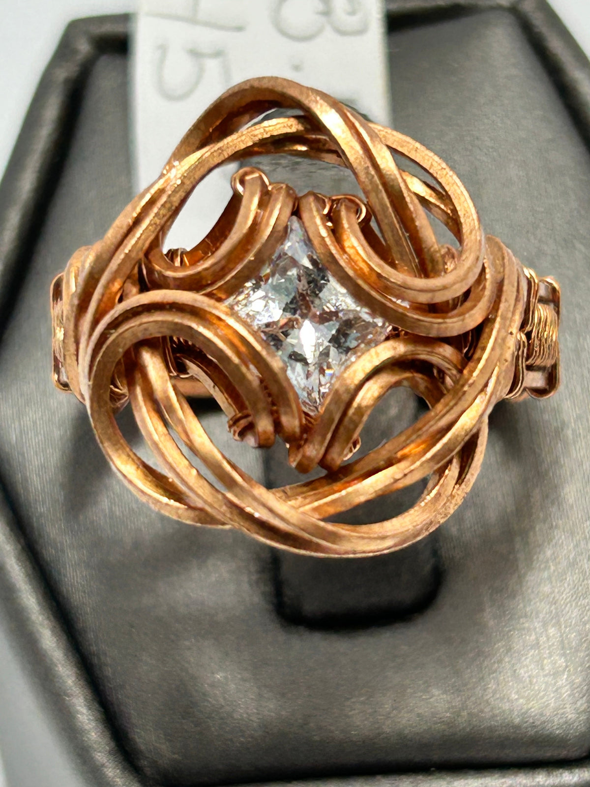 Copper wire wrapped Swarovski crystal princess cut ring size 8.5 with open-weave globe basket setting