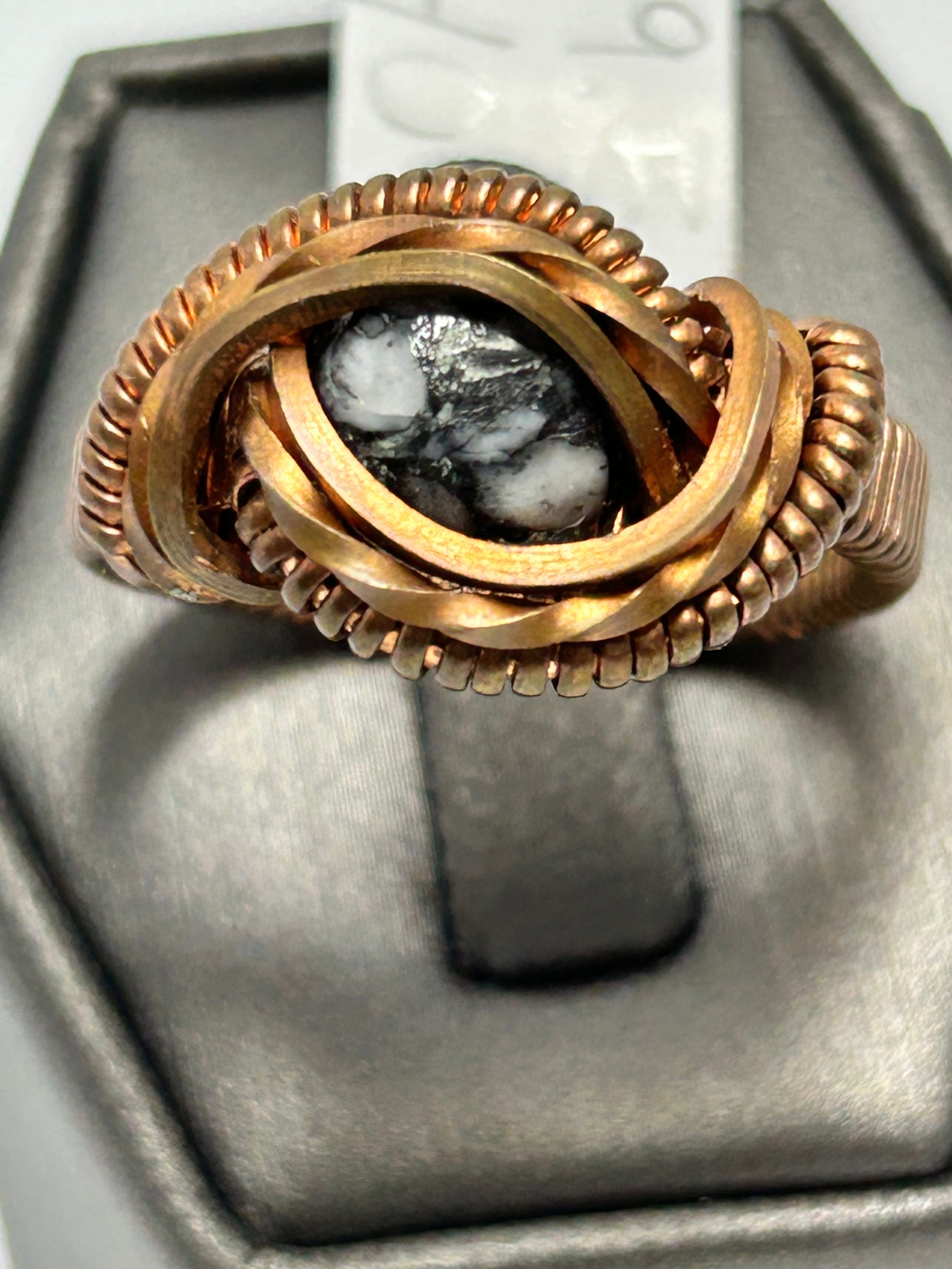 Copper Wire Wrapped Pinolith Ring - Size 9.5