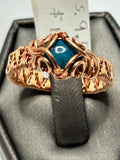 Copper wire wrapped Peruvian opalina diamond-shaped cabochon ring size 9.5 with scroll curl accents and wide woven band