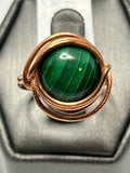 Copper wire wrapped African malachite round cabochon ring size 6.5 with orbital arch wire ring setting
