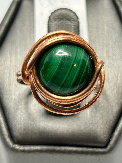 Copper wire wrapped African malachite round cabochon ring size 6.5 with orbital arch wire ring setting