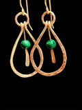 Hammered copper teardrop earrings with green African malachite beads