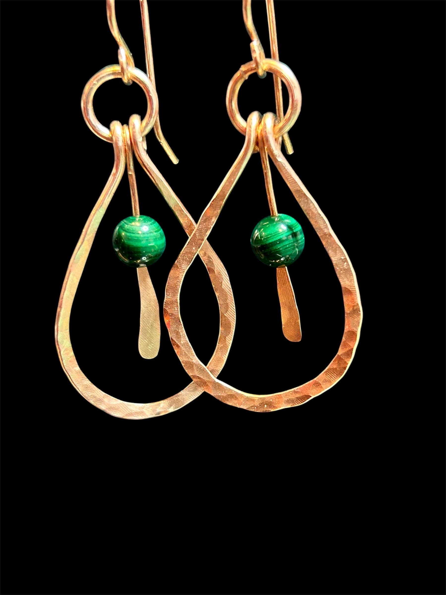 Hammered copper teardrop earrings with green African malachite beads