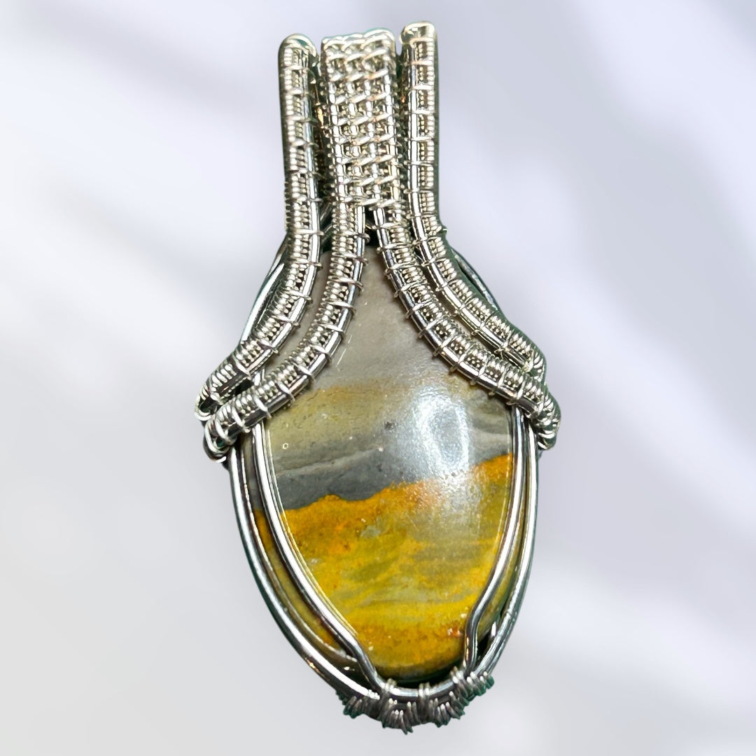 Silver wire wrapped Bumblebee Jasper oval pendant with claw-arc frame and dual-column woven bail on white background