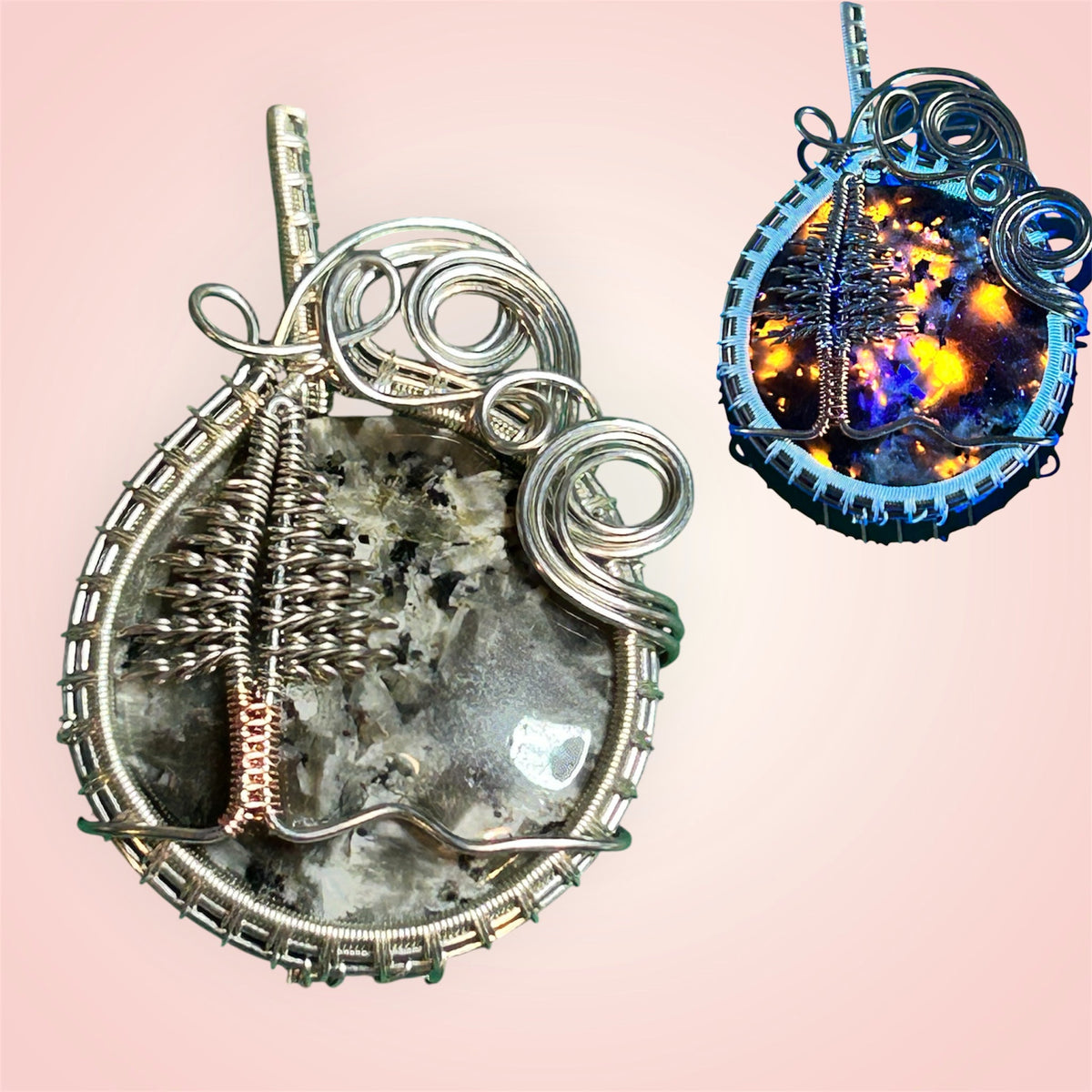 Yooperlight pendant in natural light (left) and UV light (right) showing fluorescent glow